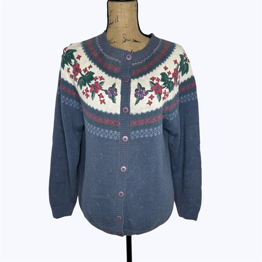 Northern Isles Hand Embroidered Floral Cardigan Sweater Cottage Vintage 90s Sz L